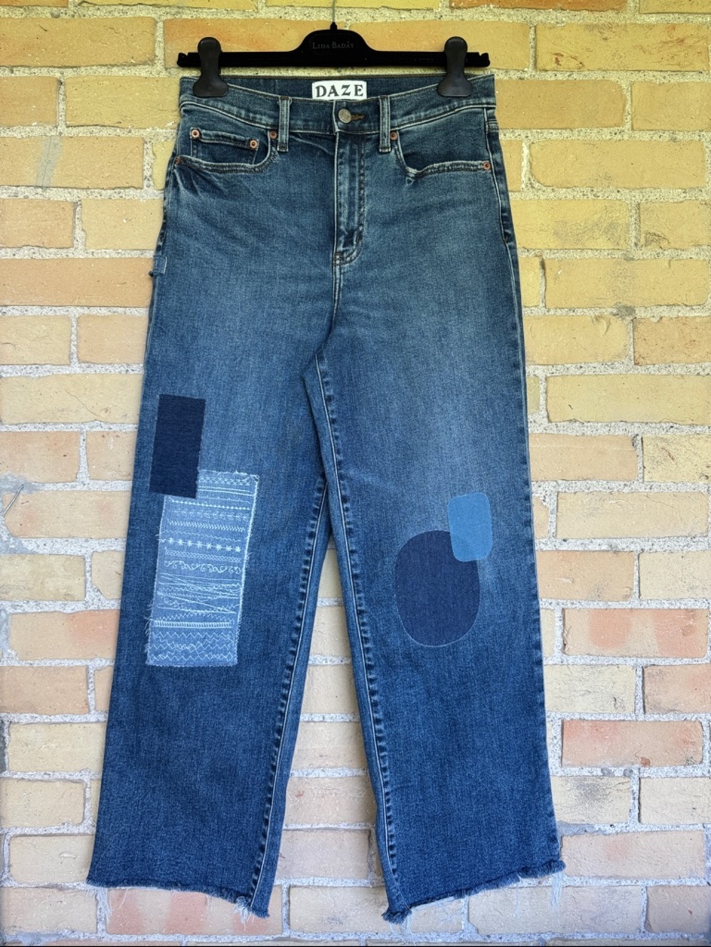 Daze Pleaser High Rise Wide Leg Blue Jeans with Handmade Patchwork